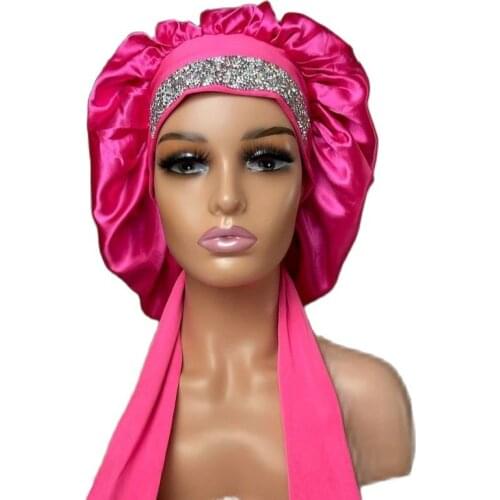 Bonnet Wholesale 2021 hair silk satin Sublimation Blank Satin Bonnet with Edge Band Bling Rhinestone Bonnets Double Layer Desig