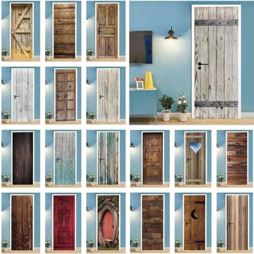 Retro Wooden Door Sticker 3D Self-adhesive Home Decor Wallpaper DIY Corridor Door Poster Wall Decals Deurstickers dropshipping