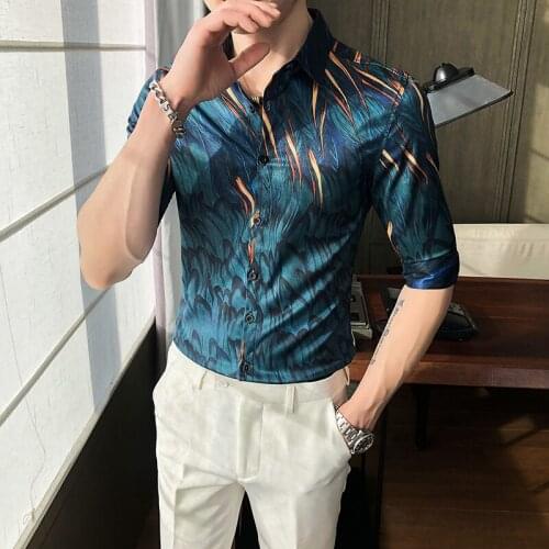 Brand Mens Shirts Half Sleeve Slim Casual Shirt Vintage Print Streetwear 2021 Social Office Blouse Male Business Dress Shirts