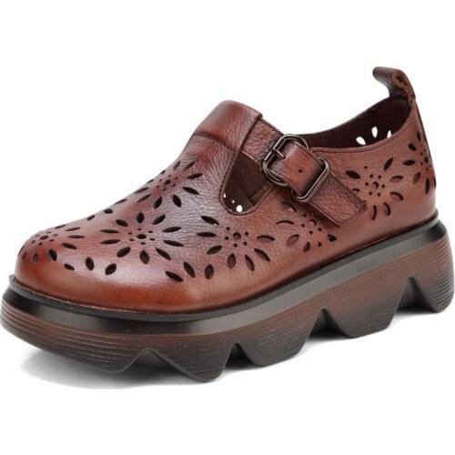 Comfortable Genuine Leather Women Sandals Female Thick-soled Wedge Heel Short Shoes Retro Round Toe Platform Sandalias Mujer