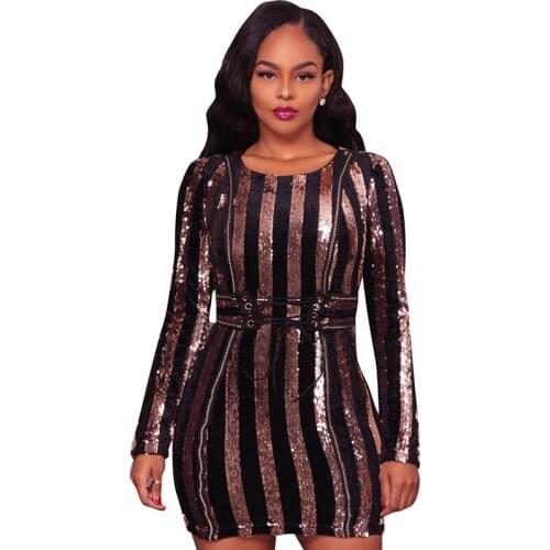 Sexy Striped Gold Sequin Dress Women Long Sleeve Bodycon Sparkly Dresses Drawstring Waist Christmas Party Bandage Dress Vestidos