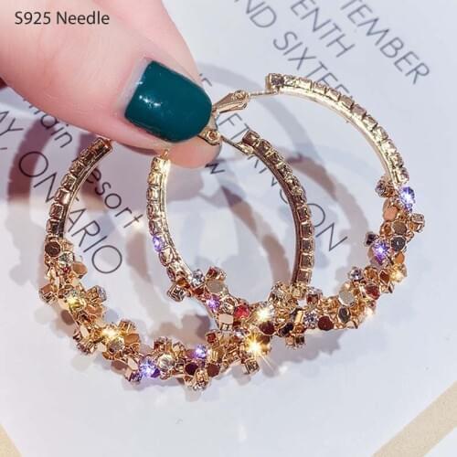 925 Sterling Silver Needle Hoop Earrings for Women Jewelry Gold Statement Rhinestone Rhombus Elegant Female Large Round Earrings
