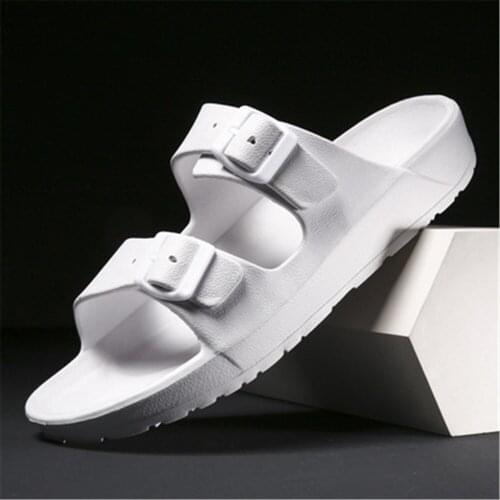 Summer Flat Slippers Men Fashion Sandals Couple Arch Support 2 Strap Adjustable Double Buckle Slip on Slides Non-Slip Shoe White