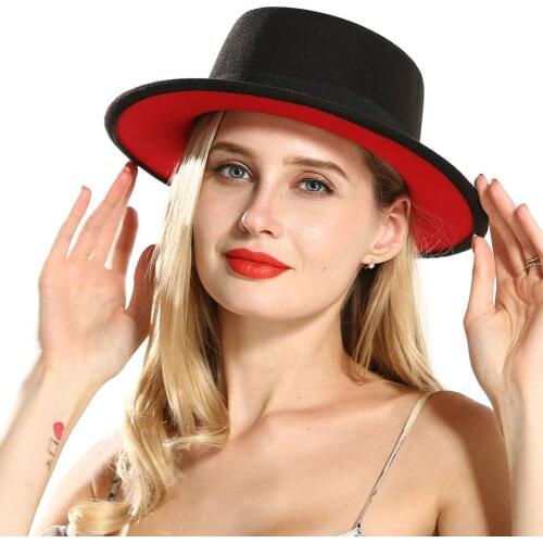 Fashion Outer Black Inner Red Patchwork Flat Top Lmitate Felt Boater Hat Womens Lady Imitate Wool Fedora Hats with Black Ribbon