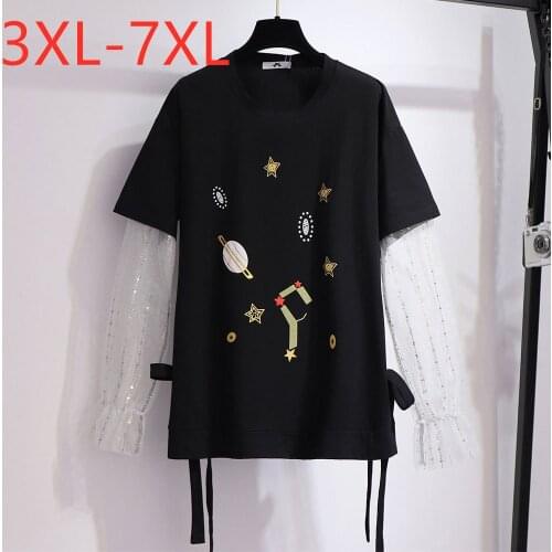 New 2021 Summer Plus Size Tops For Women Large Loose Long Sleeve Black Print Cotton Fake Two Pieces T-shirt 7XL