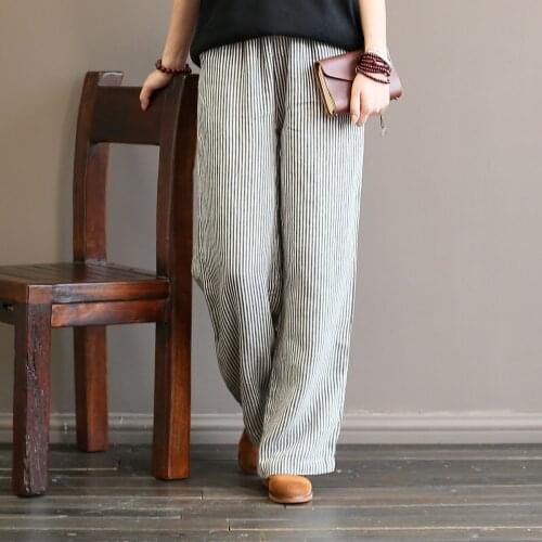 Women Striped Elastic Waist Linen Pants Ladies Stripes Vintage Elastic Waist Trousers Female Retro Stripe Pants 2018 Autumn