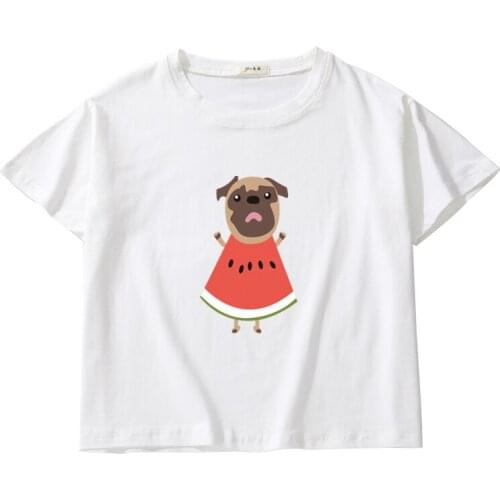 Watermelon Pig Dog Printed Women Summer Crop Tees Breathable Cotton Top Girl O-Neck T-Shirt Kids Short Sleeve Casual Short Tops