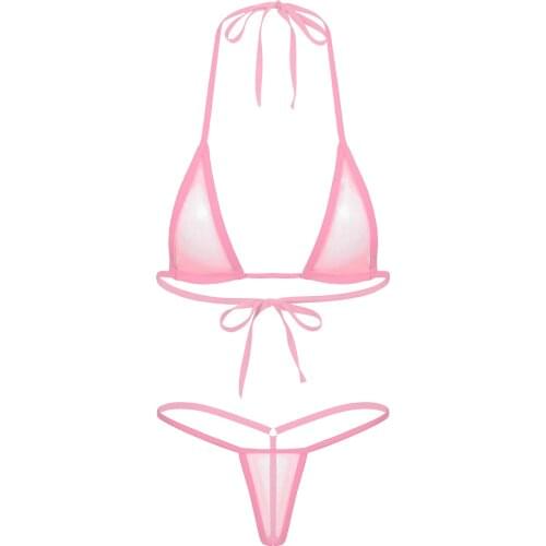 Womens Lingerie Underwear Min Micro Bikini Set See-through Erotic Sexy Costume Bikini Bra Top with Low-waisted Thong Panties