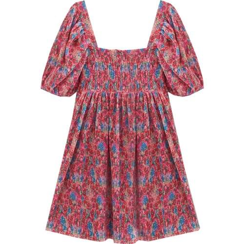 Summer Fashion Womens Printed Pleated Dress Square Neckline Elasticity Knee-length Skirt