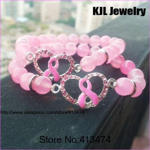 10pcs/lot free ship Beautiful pink Pure bead bracelet with Ribbon breast cancer bracelet for girls
