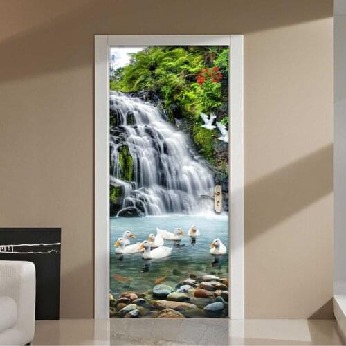 3D Waterfall Landscape Door Sticker Living Room Bedroom Home Decor Wallpaper PVC Self-Adhesive Waterproof Door Decal 3 D Murals