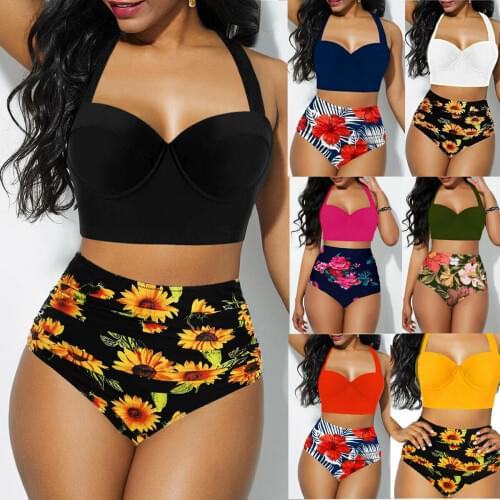 Plus Size Bikinis 2020 Women Push Up Bikini Set Padded Bra Swimwear Sunflower Bandage Hihg Waist Swimsuit Bathing Suit