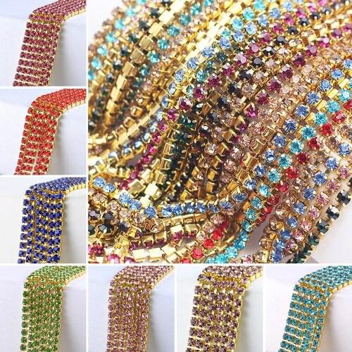 1Meter/lot Ss12 Shiny Crystals Strass Trim Gold Dense Chain Glue on Stones Rhinestones Chain Sewing On Rhinestones For Clothes