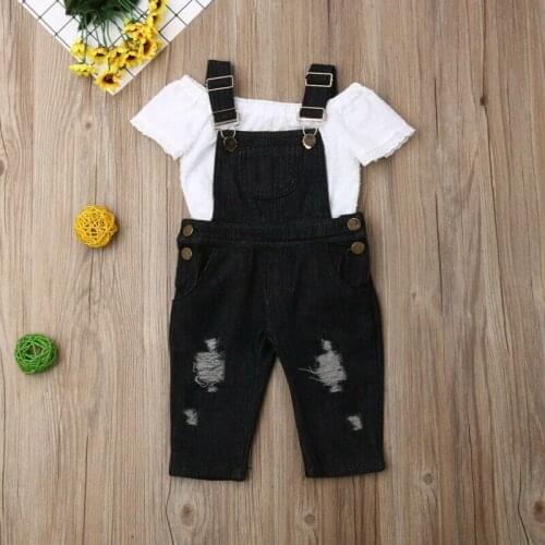 1-5Years Toddler Kids Baby Girl Off Shoulder Lace Tops Jeans Bib Pants Outfits Clothes