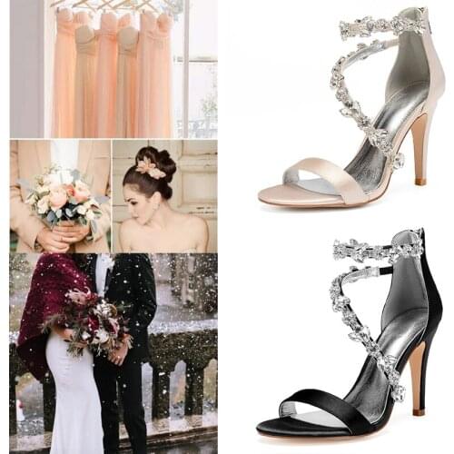 Elegant Womens Clearer Rhinstones High Heel Bridal Wedding Shoes Satin Zipper Back Strap Party Pums Summer Ladies Sandals