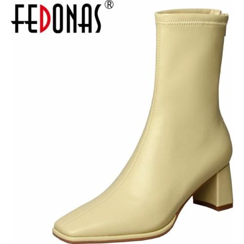 FEDONAS Fashion Concise Stretch Boots Women Ankle Boots High Heels Mature Office Party Casual 2021 Autumn Winter Zip Shoes Woman