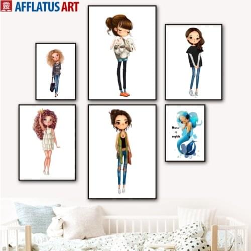 Cute Cartoon Fashion Girl Rabbit Fox Nordic Posters And Prints Wall Art Canvas Painting Nursery Wall Pictures Kids Room Decor