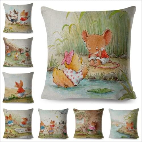 Watercolor Cute Cartoon Mouse Cushion Cover Linen Pillow Case 45*45cm Decor Animal Children Story Pillowcase for Sofa Home Car