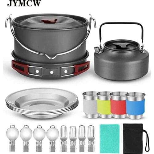 Camping cookware 22-piece mess kit, large hanging pot pan kettle, dish, fork and spoon set for outdoor camping hiking and picnic