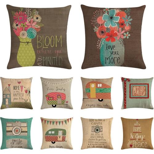 Happy Life Camper Cushions Cover Bloom Life Is Like A Camera Pillows Cotton Linen Throw Pillow Decorative Pillowcase 1500