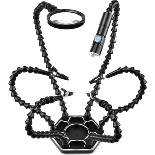 F1CD Helping Hand Soldering Third Hands Vise with 6 Flexible Arms LED Flashlight Magnifying Glass Aluminum Base Soldering