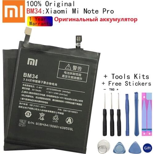 XiaoMi Original Replacement Battery BM34 For Xiaomi Mi Note Pro Authentic Phone Battery 3090mAh+tools