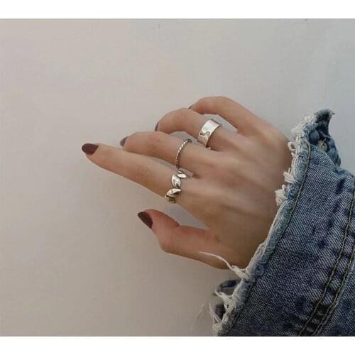 Punk Metal Geometry Circular Hiphop Rings Set Opening Index Finger Buckle Leaf Tail Ring for Women 2021 Trend Jewelry