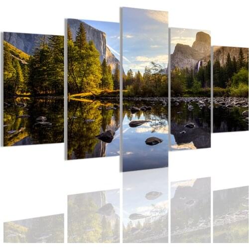 Landscape Lake Natural Mountain 5 Panels Canvas Painting Poster Wall Art Print Picture Living Room Interior Home Decor Frame