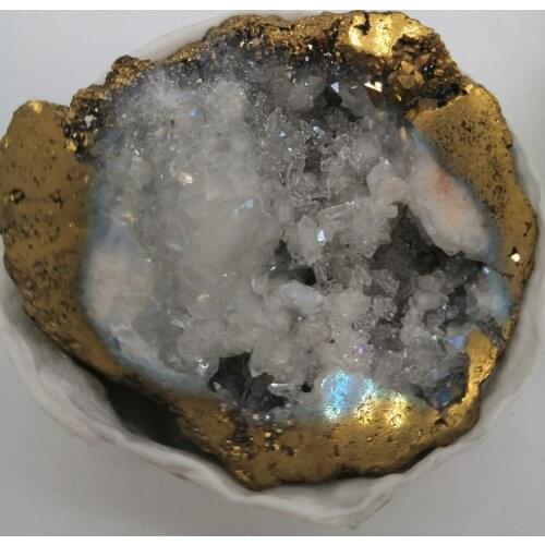 Natural Angel Aura Agate Geode Crystal Hole Mineral Specimen Contains Clean Clusters Electro Plating Titanium Coating