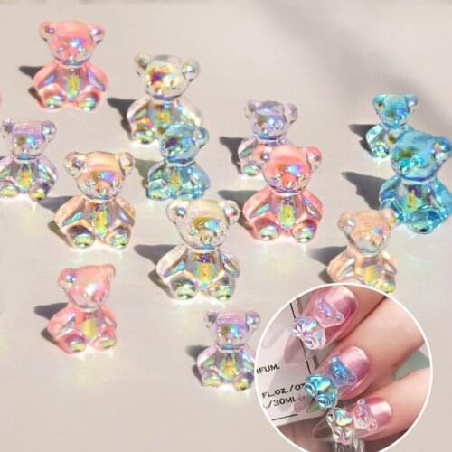 6pcs/set Cute Bear Nail Art Decorations Mixed Size Aurora Colorful Resin Bear Design DIY UV Gel 3D Nails Ornaments Manicure