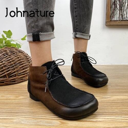Johnature Women Boots 2020 New Autumn Genuine Leather Lace-up Women Shoes Round Toe Flat With Mixed Colors Ankle Platform Boots