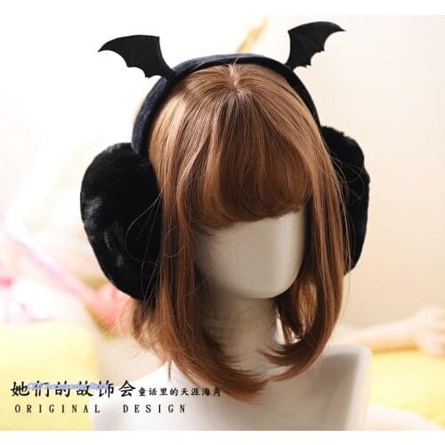 Dark Girl Cute Plush Black Bat Wing Warm Earmuffs Gothic Womens Lolita Warmer Muff Ear Cover Lovely Fold Headband Accessories