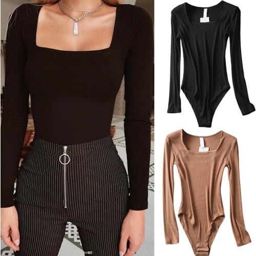 Sexy Knitted Skinny Bodysuit Top For Women 2020 Autumn Long Sleeve Square Neck Bodycon Jumpsuit Winter Casual Body Suits Romper