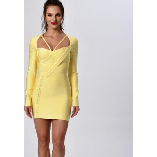 Women Yellow Long Sleeve Mini Bandage Dress Bodycon Party Dress Elegant Luxur Hollow Out Rayon Dress