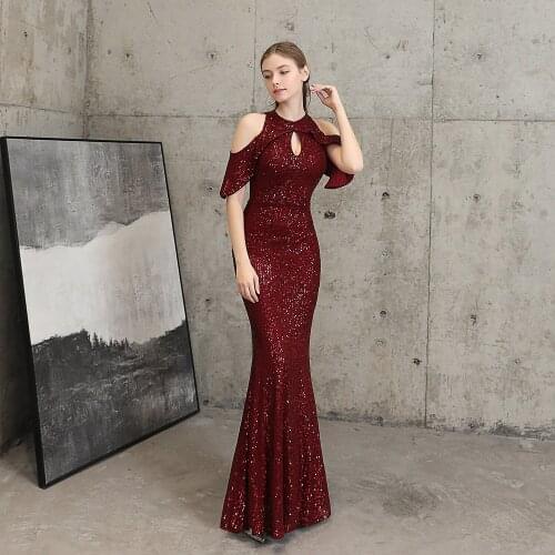 New Banquet Temperament Elegant Long Short-sleeved Sequined Aura Queen Fishtail Evening Dress Evening Gowns for Women