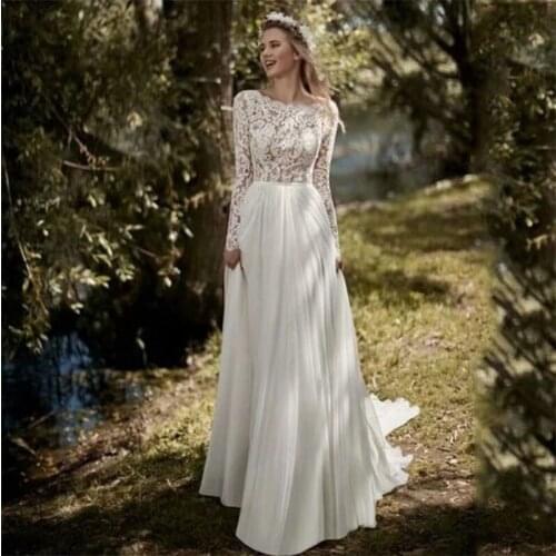 Beach O-Neck Wedding Dress Boho vestido de noiva Bohemian Lace Bridal Dress Backless Full Sleeve Backless Wedding Gowns