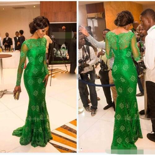 Abiye gece elbisesi lace Long sleeves evening dress 2019 robe de soiree emerald green prom dresses mermaid evening dresses