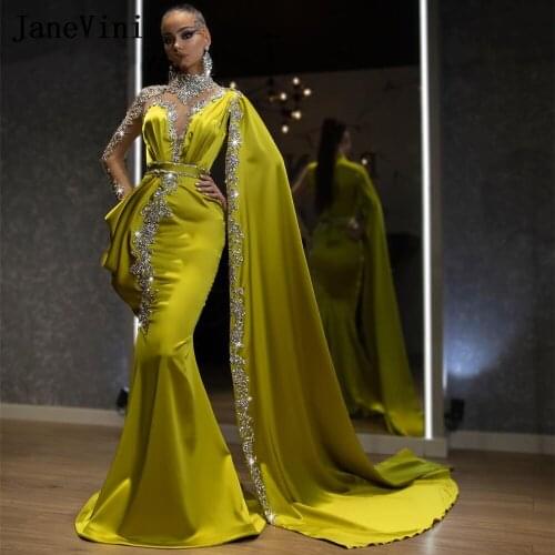 JaneVini Luxury Arabic Mermaid Evening Dresses Long Sleeves High Neck Bling Beading 2020 Custom Made Formal Gowns Robe De Soiree