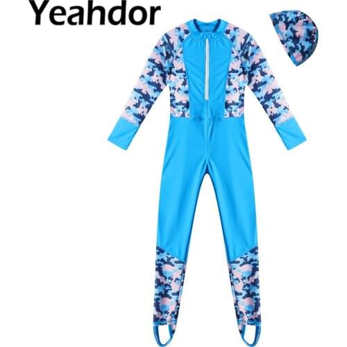 1pcs Kids Girls Summer Swimsuit Swimwear Long Sleeve Zipper Front Holder Fastened Foot Swim Jumpsuit with Hat Print Outfit