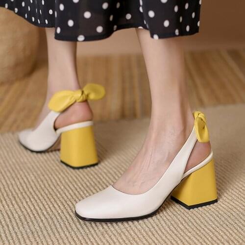 Genuine Leather Slingbacks Women Shoes Fashion Slip-On Butterfly-knot Shallow Pumps Square Toe Thick Heel Handmade Women Sandals
