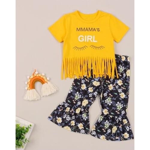 Kids Girls Clothes Set Baby Girl Summer Short Sleeve Tassels T-Shirt + Floral Flare Pants 2PCS Outfit Children Clothing Set