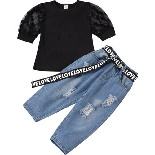 Girl Kids Child Clothing Sets New Summer Fashion Toddler Short sleeve Lace T-shirt +Letter Ripped Jeans Casual Clothes Outfit