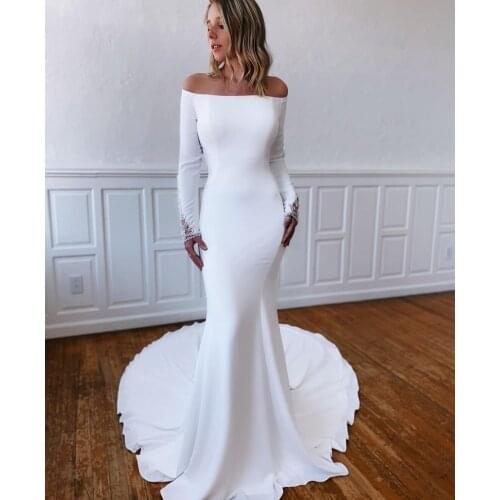 Elegant Long White Boat Neck Wedding Dresses Beaded Mermaid Satin Corset Back Robes De Mariée Bridal Gown For Women