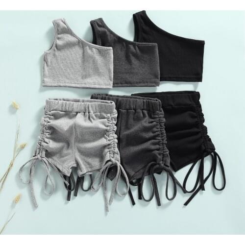 2021 Toddler Baby Girl Fashion 2PCs Summer Clothing Set One Shoulder Solid Sleeveless Top Vest Shorts Outfit 2-10Years