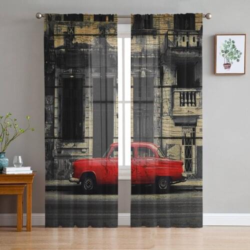 Wood Grain Red Car Retro Texture Sheer Curtains for Living Room Bedroom Kitchen Chiffon Tulle Curtains Home Hotel Coffee Decor