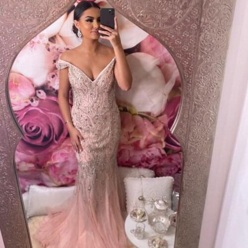 Fashion Sexy Pink Moroccan Caftan Evening Dress Deep V-Neck Floor Length With Train Tulle Applique Prom Dress Custom Made