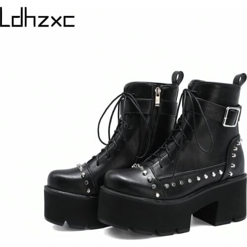 LDHZXC Fashion Black Boots Women Autumn Lace-up Pu Leather Platform Shoes Woman Party Ankle Boots High Heels Shoes Punk