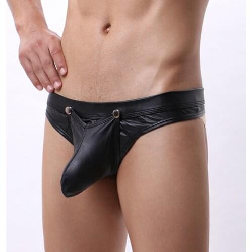 Sexy gay underwear Men Briefs Open Crotch Faux Leather Lingerie U Convex Pouch Black Patent mens underpants Ropa Interior