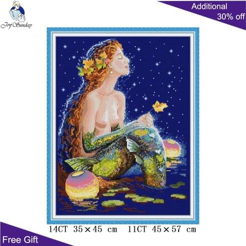 Joy Sunday Mermaid Under The Stars RA349 14CT 11CT Counted and Stamped Home Decoration Seaside Cross Stitch Kits