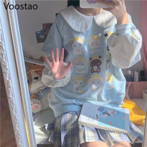 Autumn Harajuku Japanese Cartoon Bear Print Kawaii Hoodies JK Sweatshirts Women Sweet Spring Long Sleeve Pullovers Girls Coats